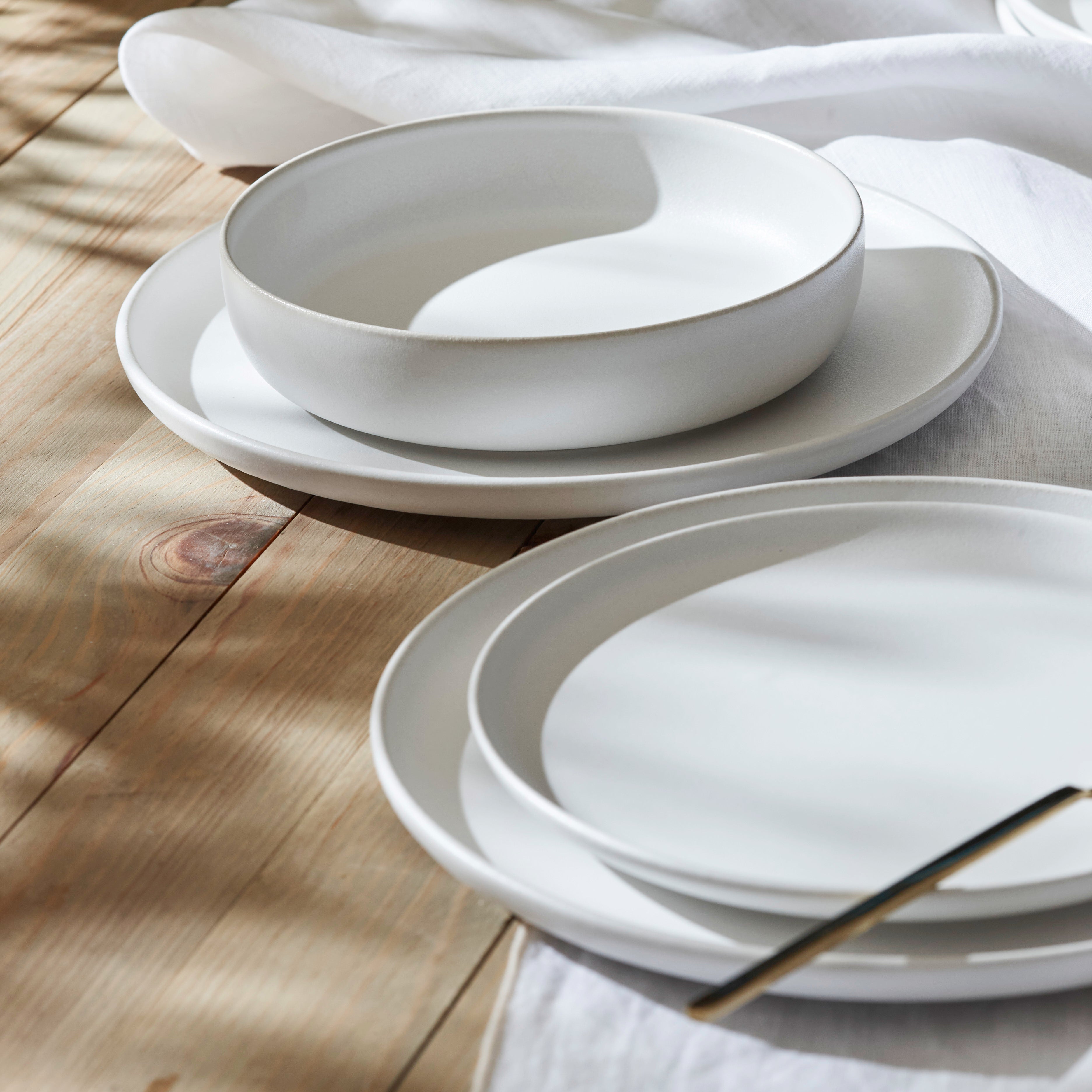 Macchio Stoneware Dinnerware Set White Matte Crafted in Portugal Scratch Resistant