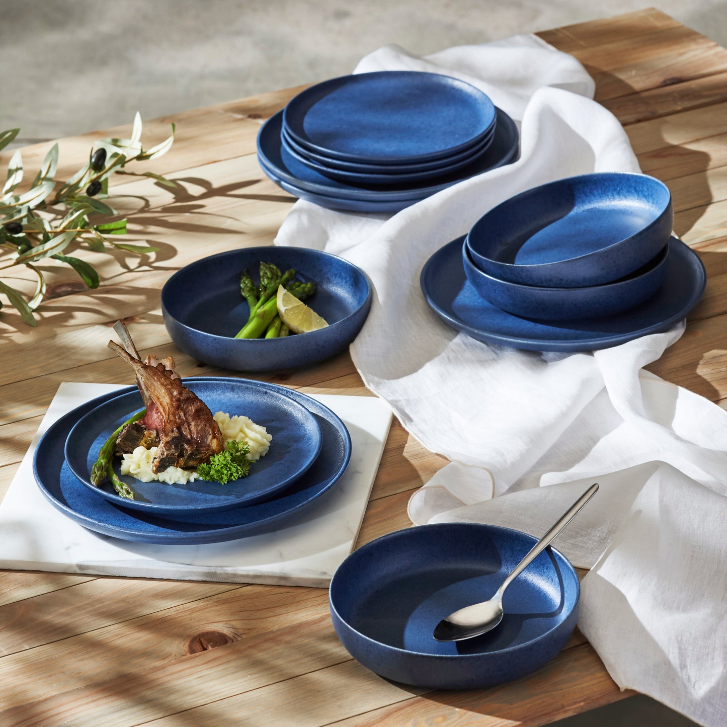 Macchio Stoneware Dinnerware Set - Blue Matte - Crafted in Portugal - Scratch-Resistant