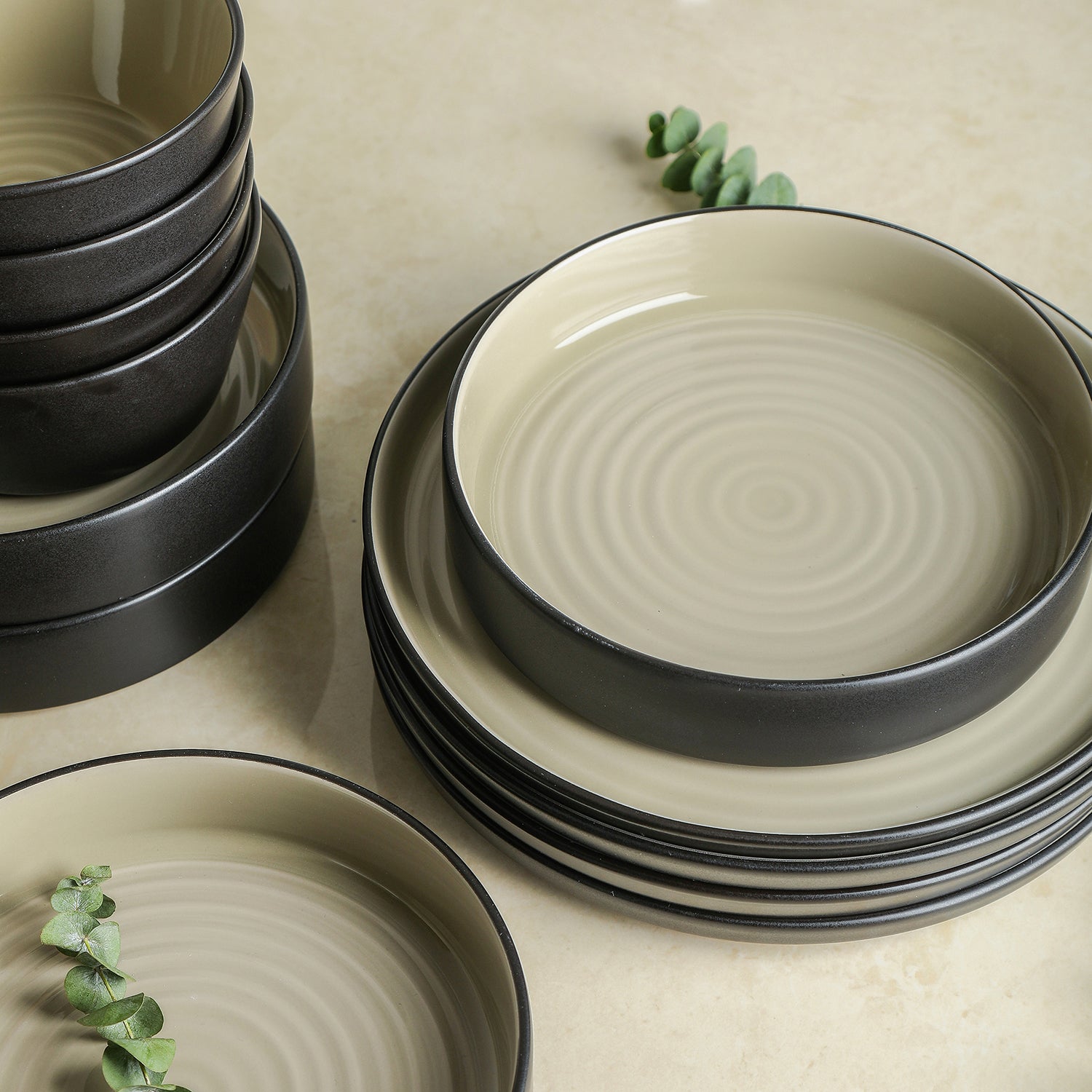 Elica Stoneware Dinnerware Set Beige And Black