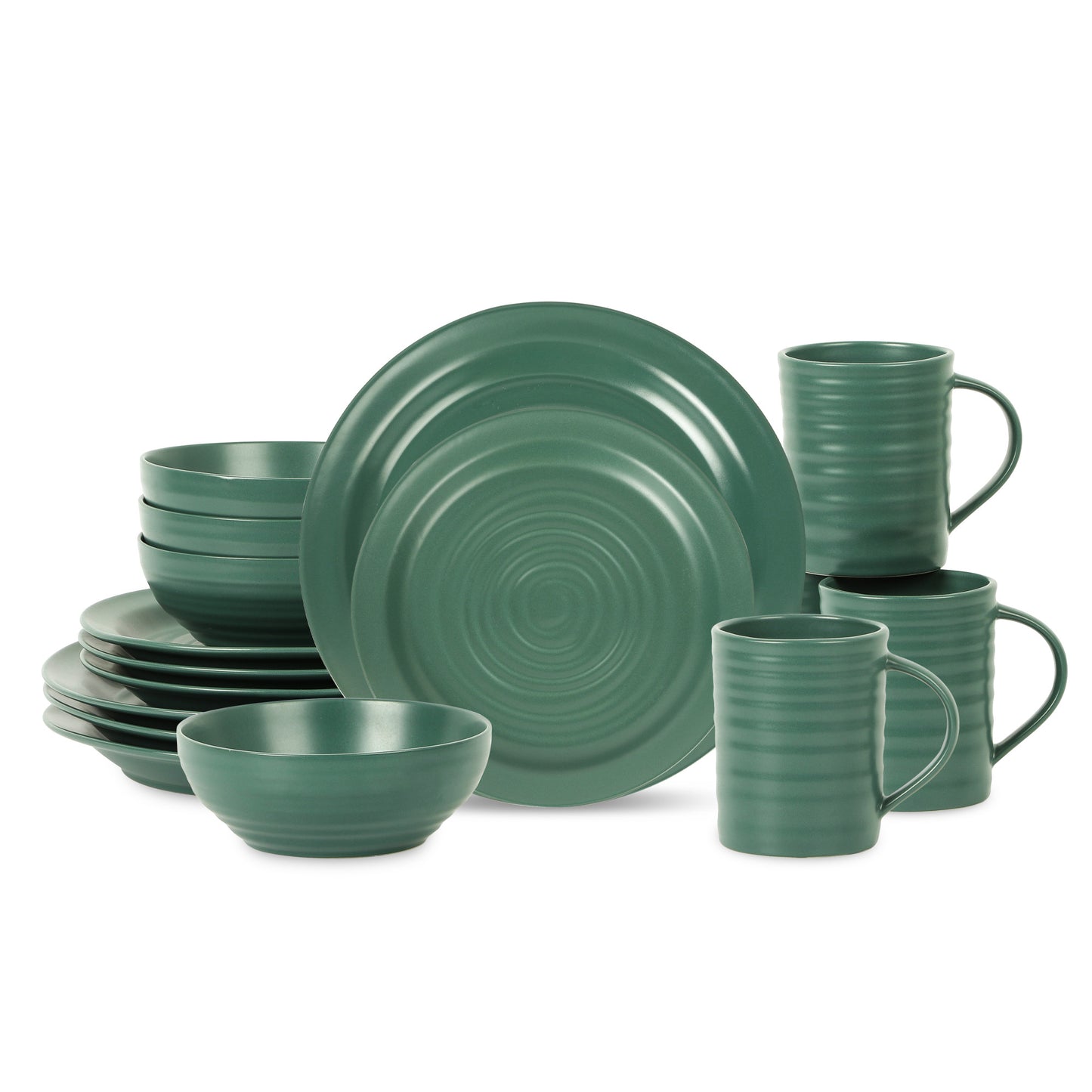 Orbit Stoneware Dinnerware Set with Cereal Bowls and Mugs- Green