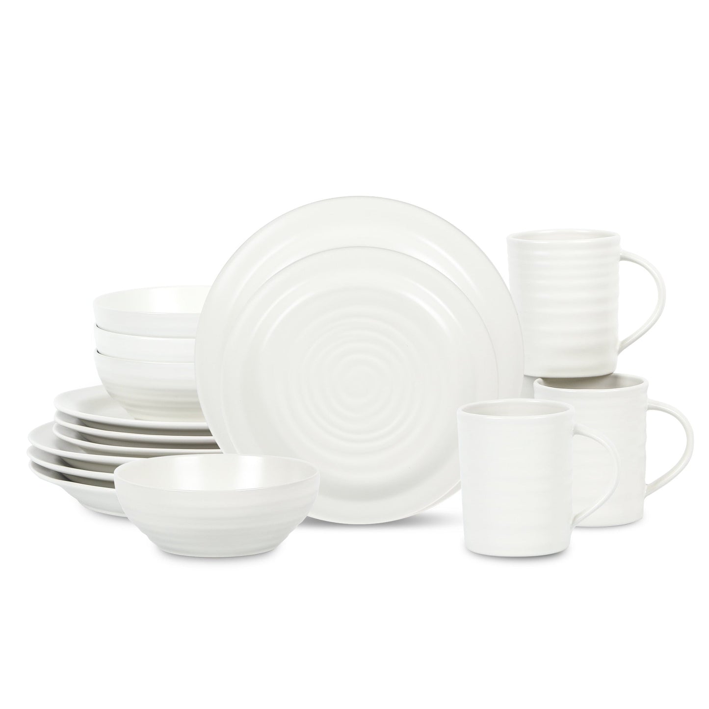 Orbit Stoneware Dinnerware Set with Cereal Bowls and Mugs - White